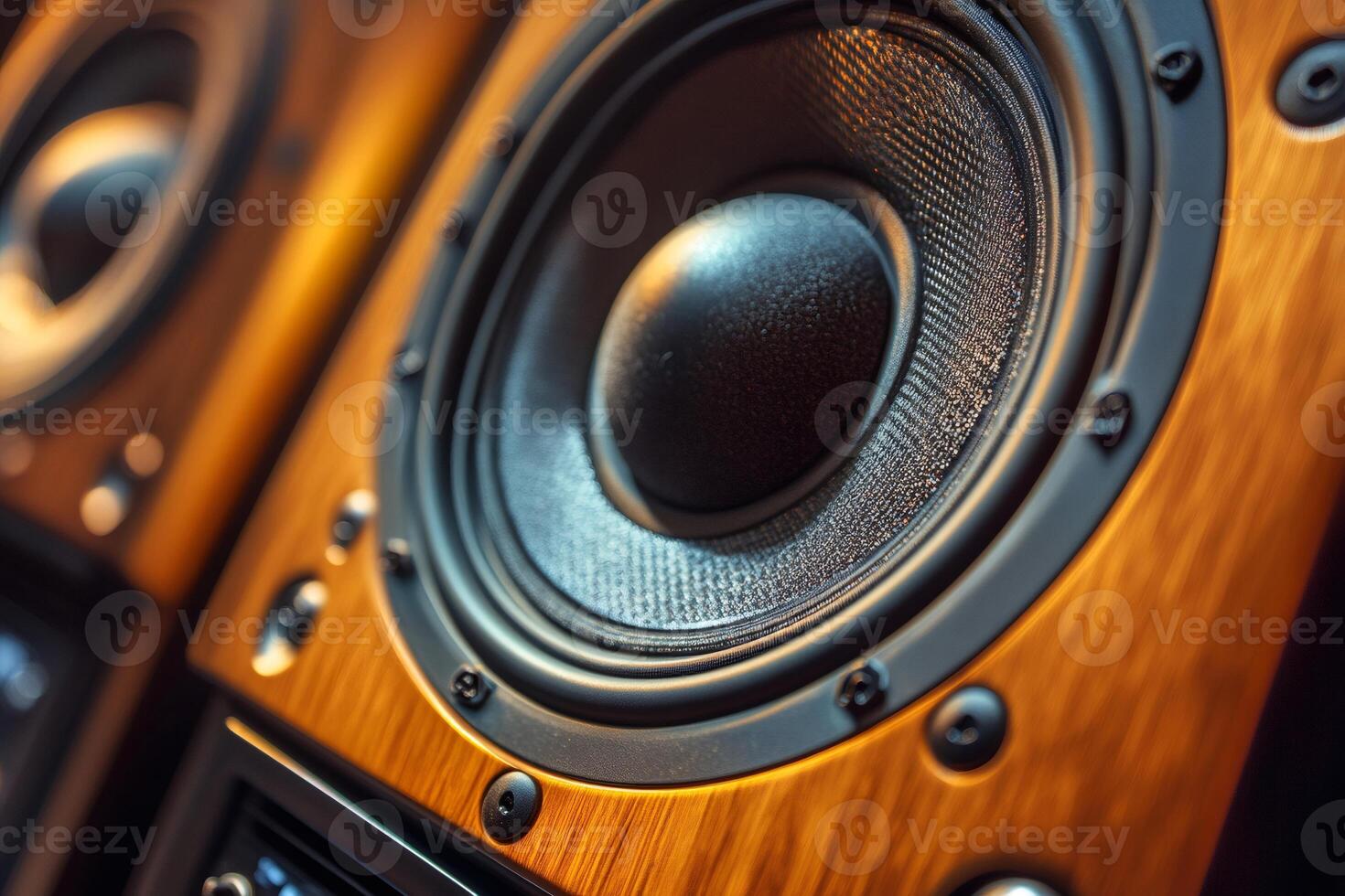 Close up of powerful audio speaker playing music photo