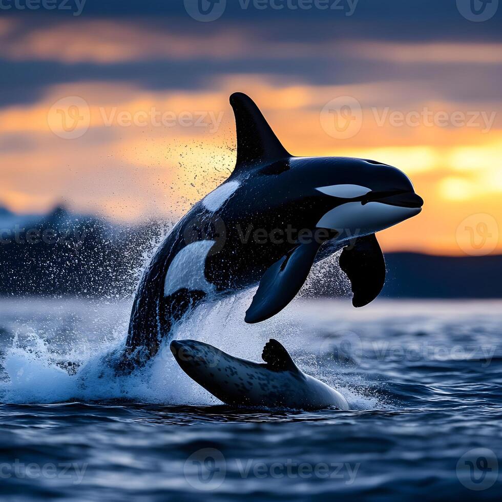 Orca whale jumping and hunting seal at sunset photo