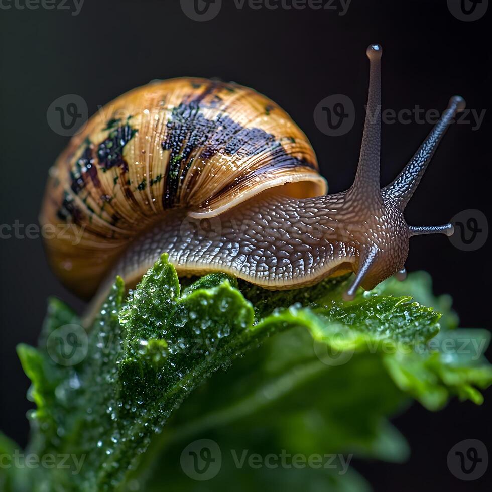 Snail crawling on a green leaf with water drops in the garden photo