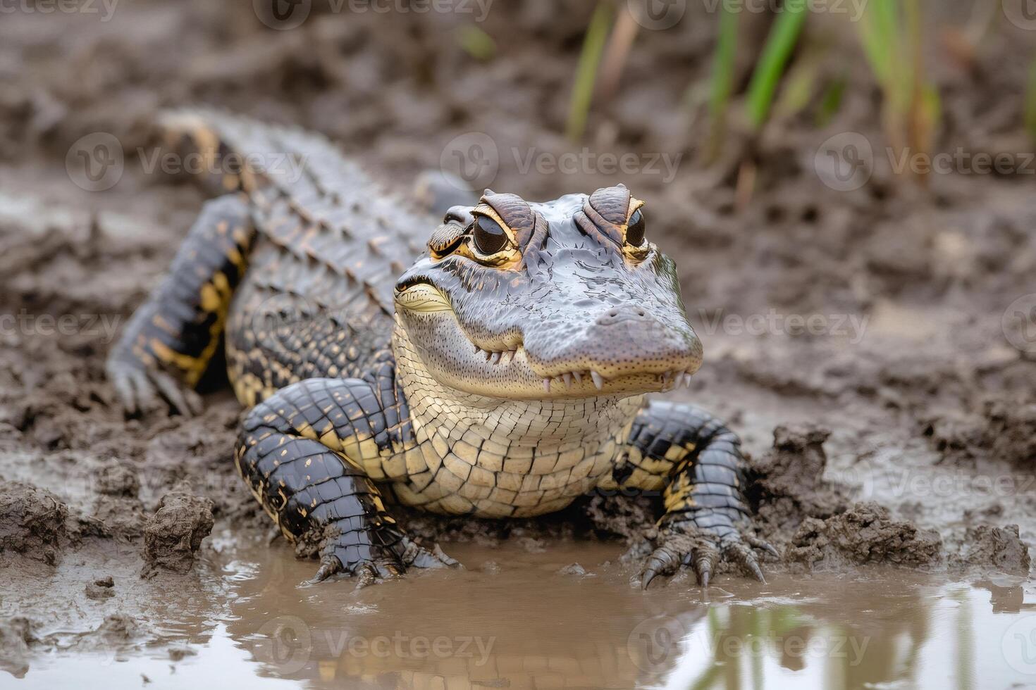 Young alligator resting in mud and shallow water photo