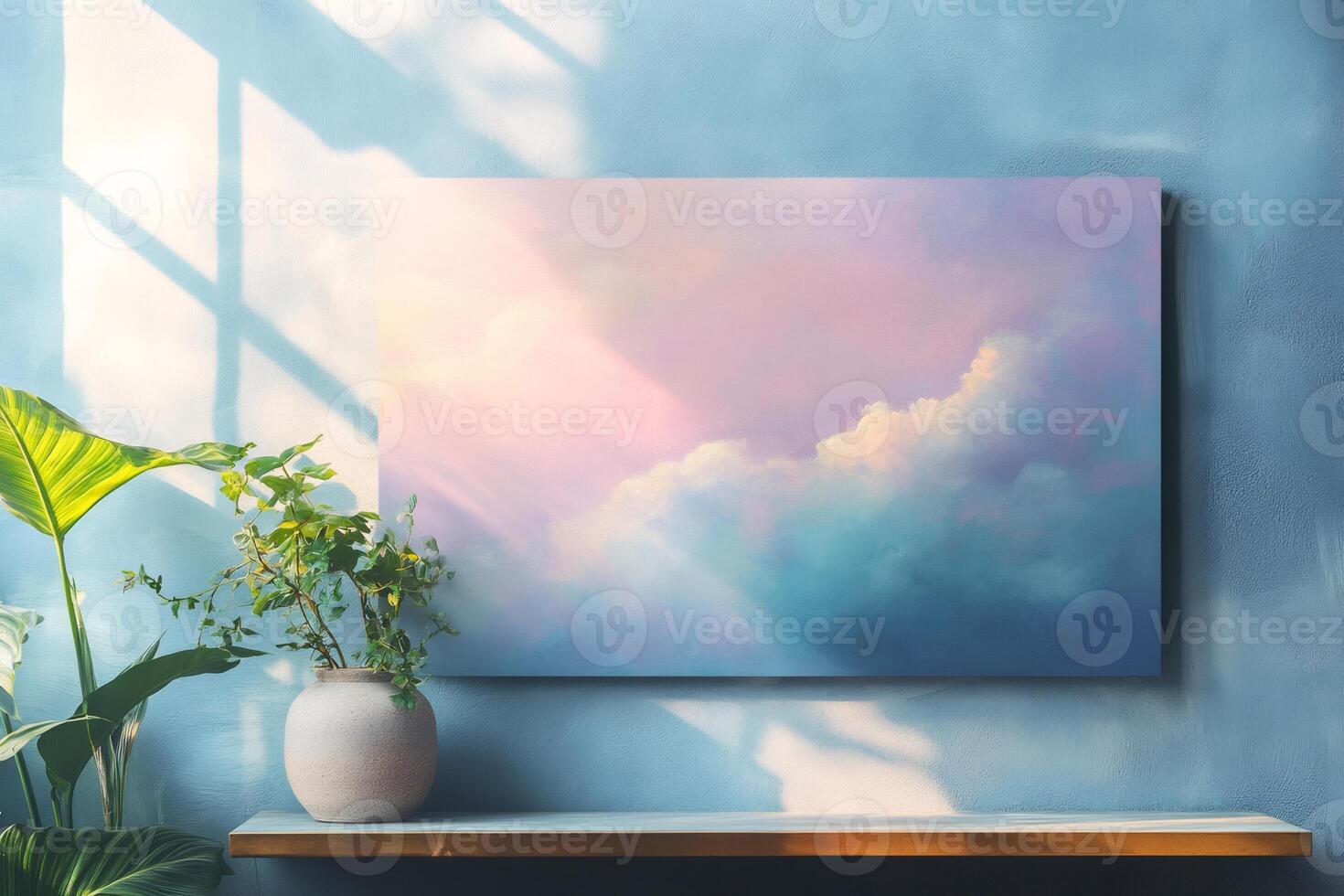 Painting of pastel clouds hanging on wall with houseplants displayed on shelf photo