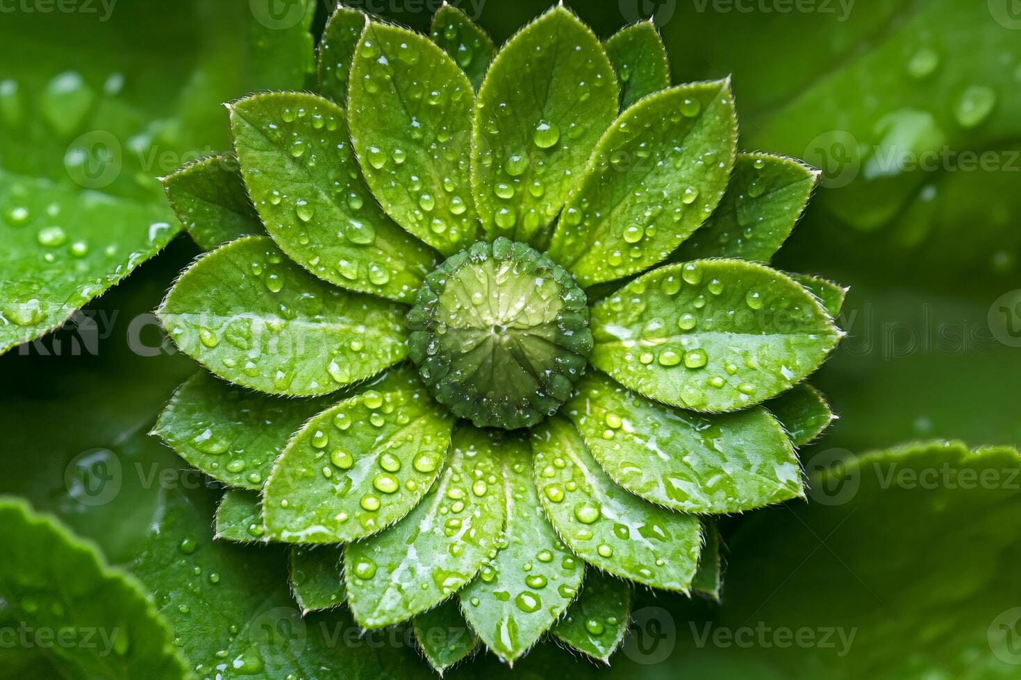 Green plant showing perfect symmetry with water drops on leaves photo