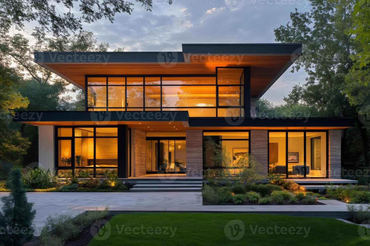 Modern luxury home exterior with illuminated windows at dusk photo