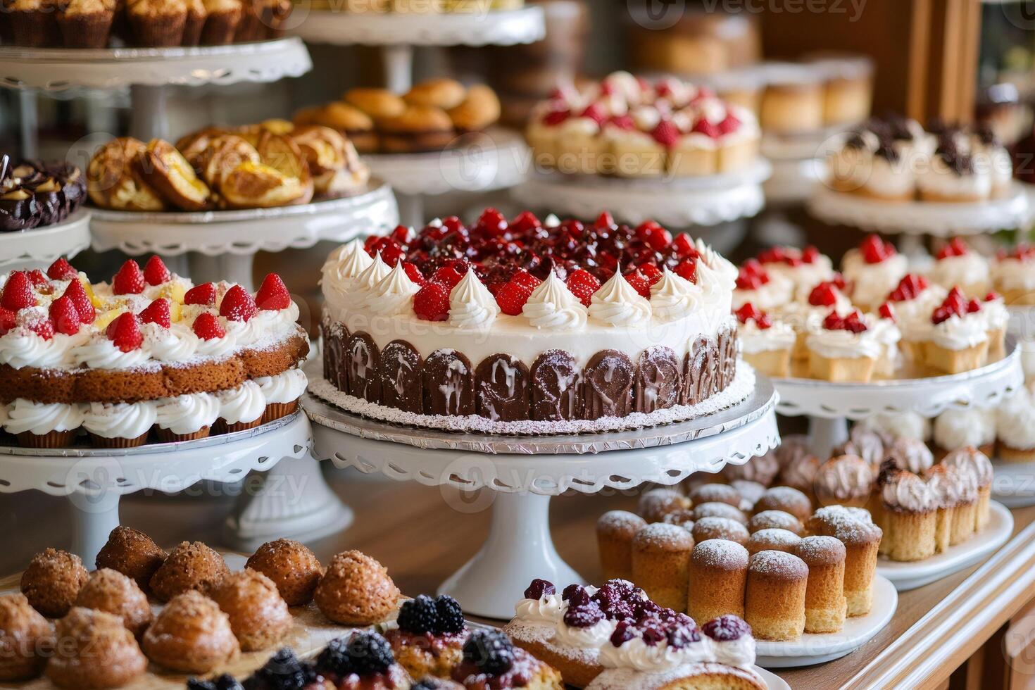 Delicious cakes and pastries displayed on tiered stands at a bakery showing variety of sweet treats photo
