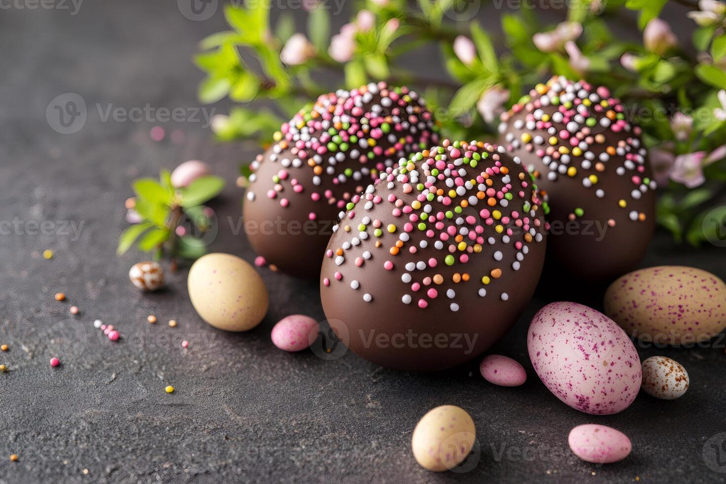 Chocolate easter eggs decorated with colorful sprinkles and spring flowers photo