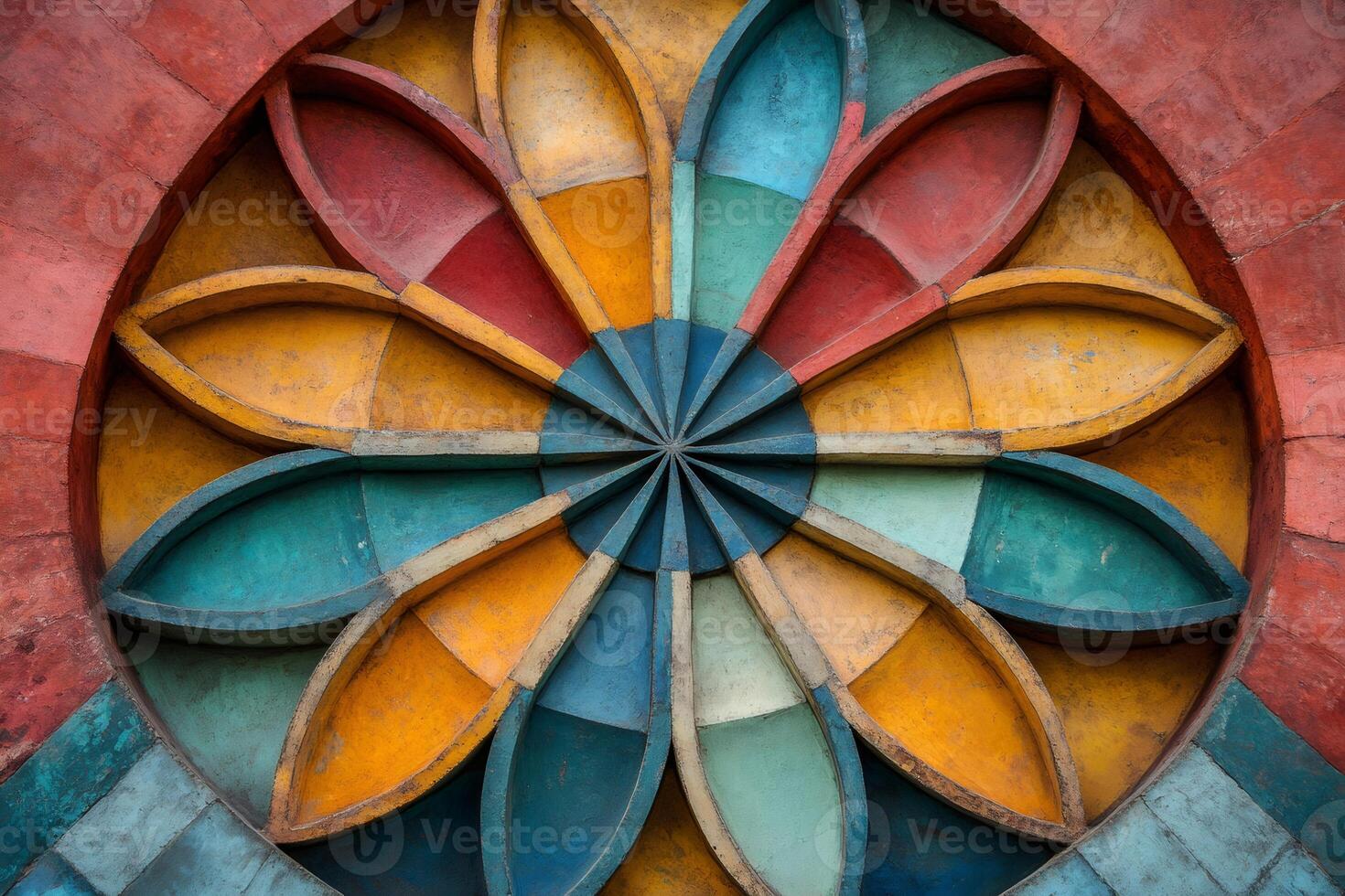 Colorful circular design forming a flower on building exterior photo