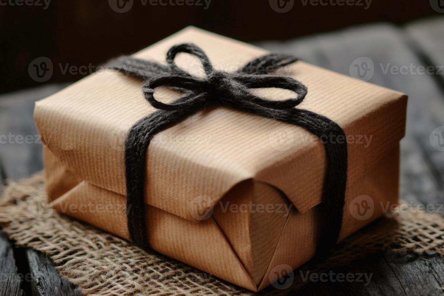 Wrapped gift box tied with black string on rustic wooden table photo