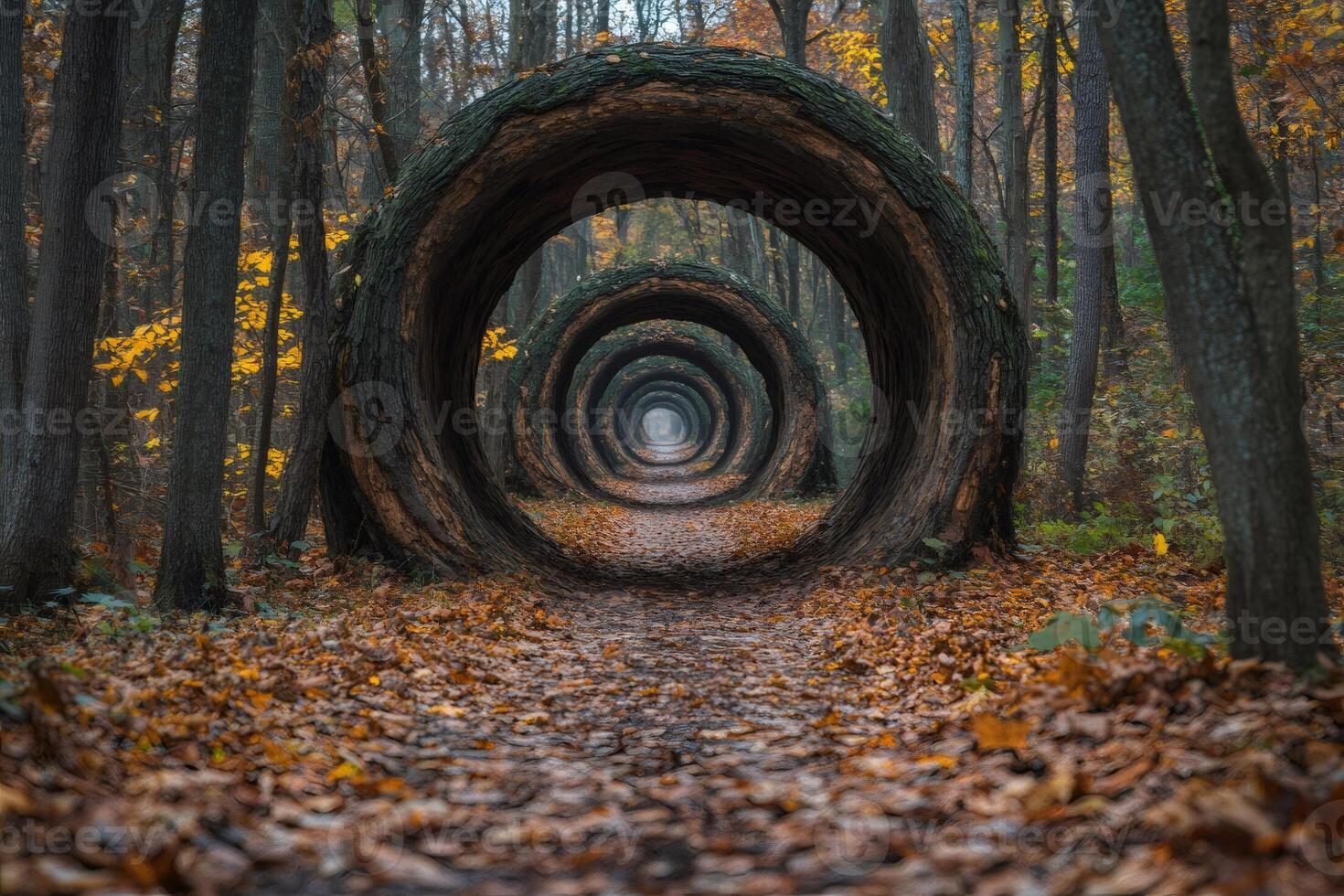Circular tree trunks forming a tunnel in the forest photo