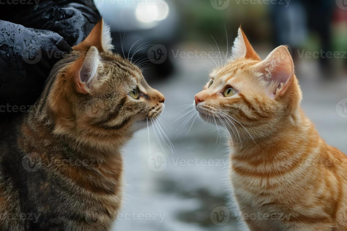 Two cats looking at each other while person petting one photo