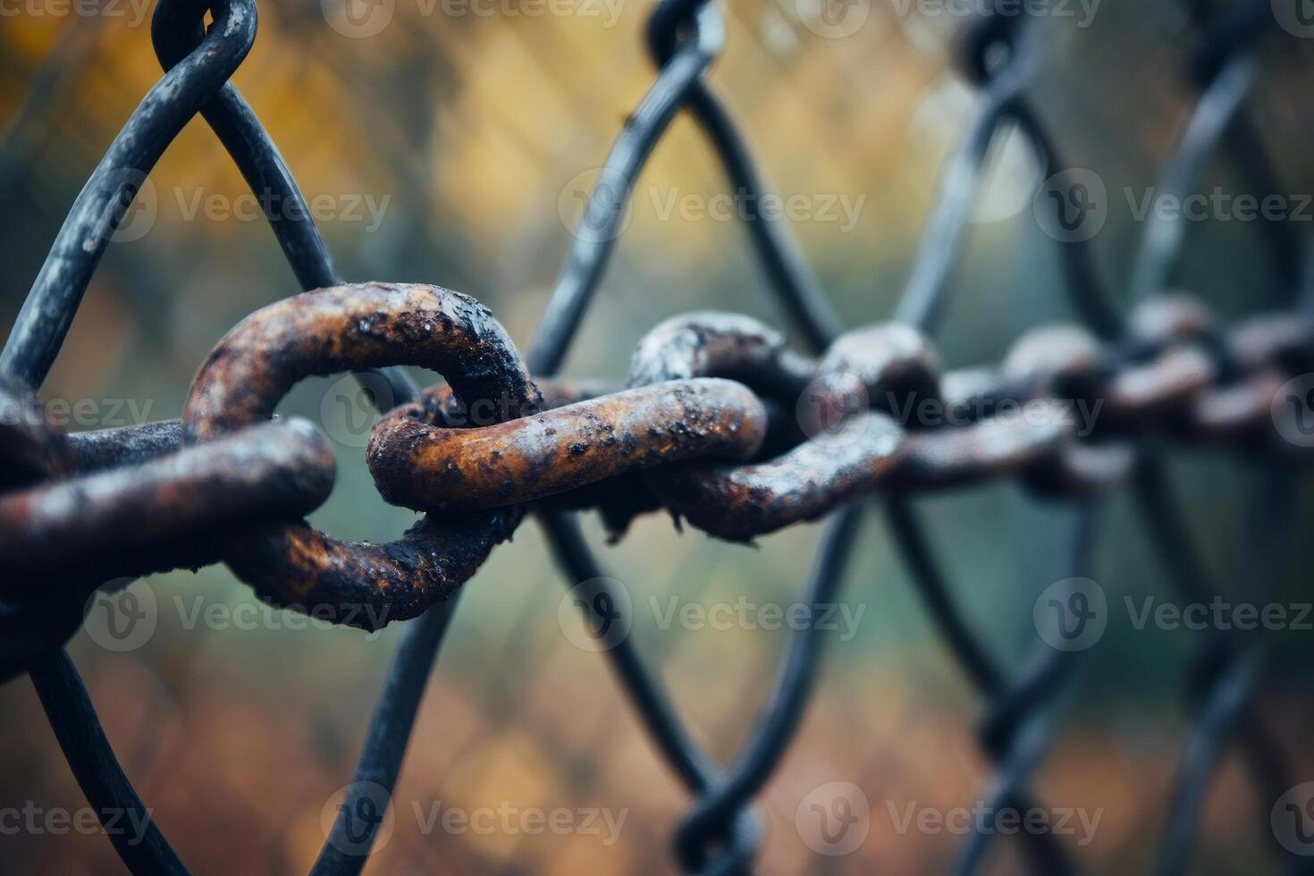 Rusty chain securing a metal wire fence in autumn photo