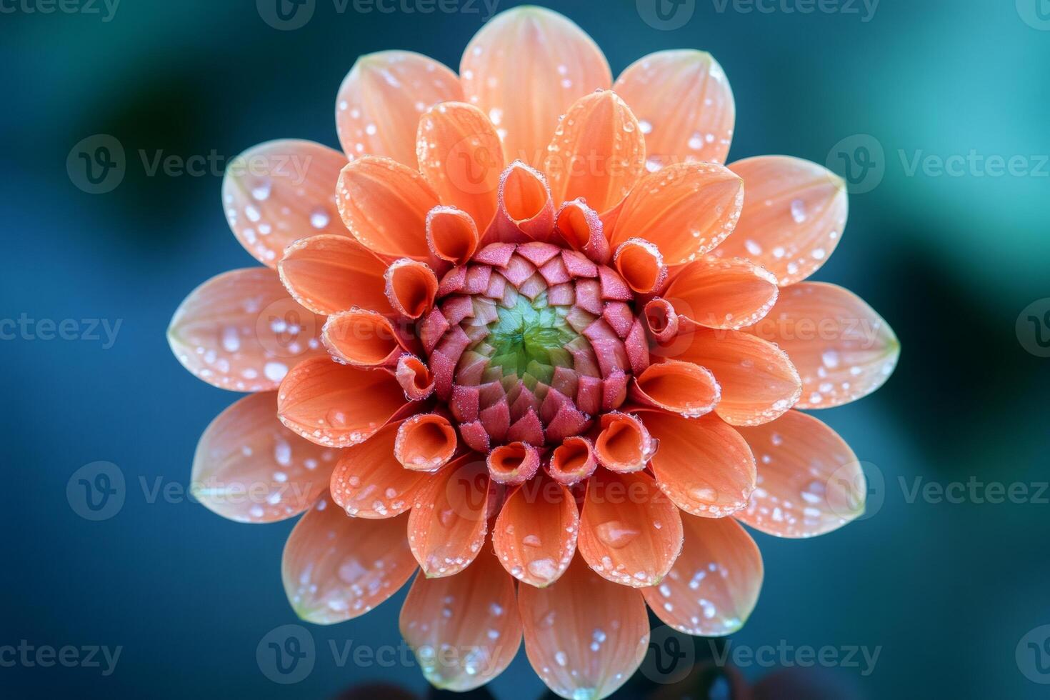 Peach dahlia flower blooming in summer garden with water droplets photo