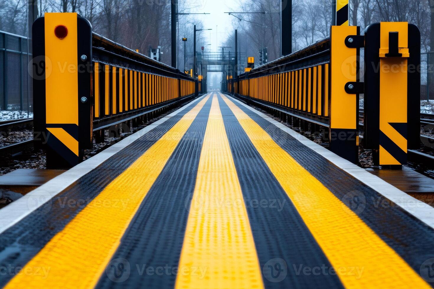 Yellow tactile paving leading to railway bridge on elevated commuter train station platform photo