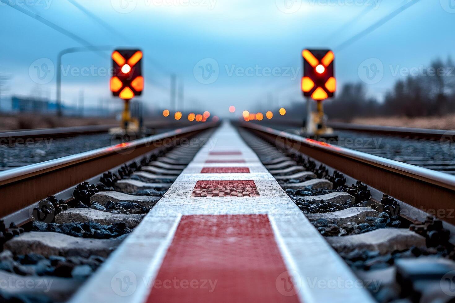 Railway tracks converging at horizon with illuminated warning signals at dusk photo