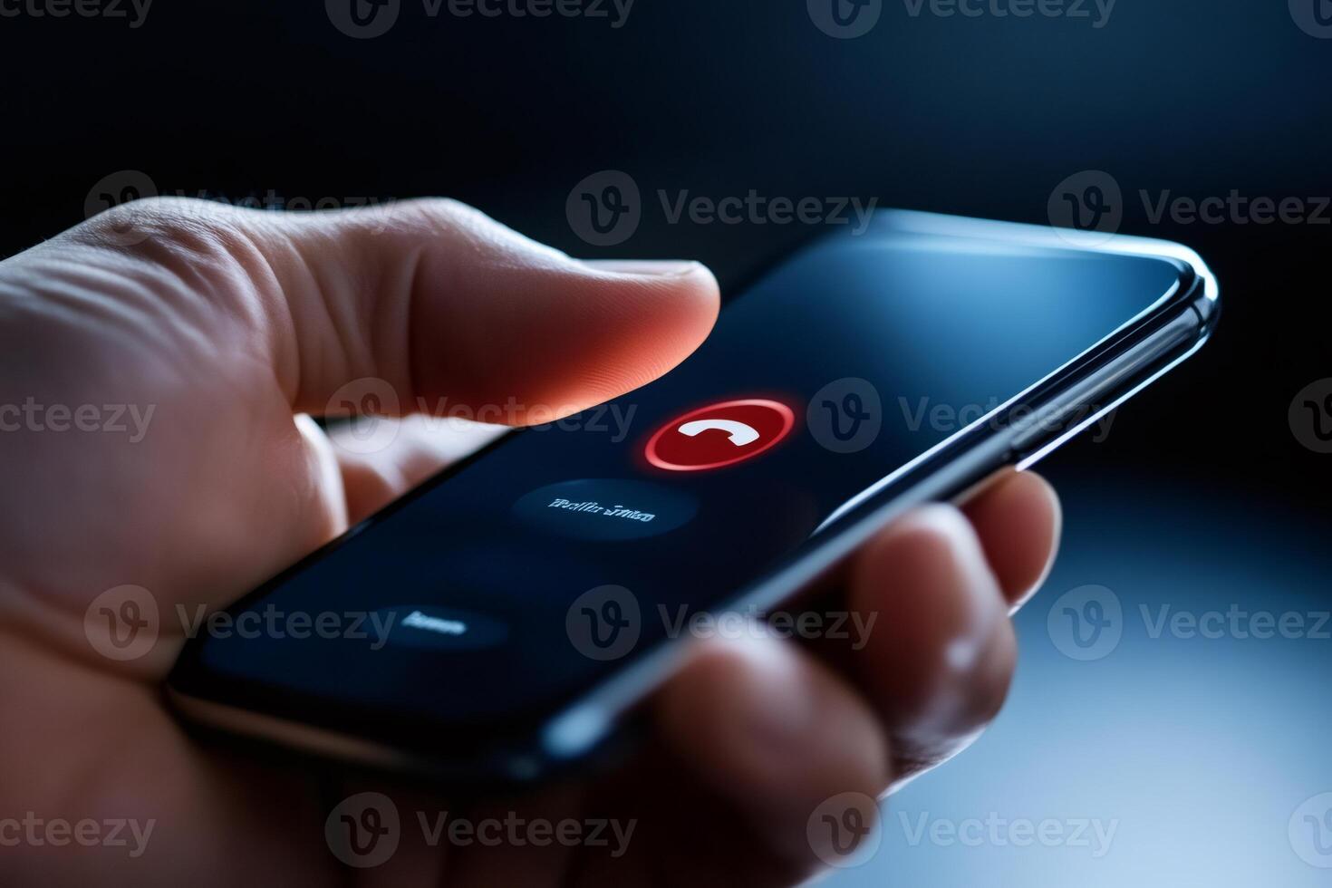 Hand holding smartphone with incoming call on dark background photo