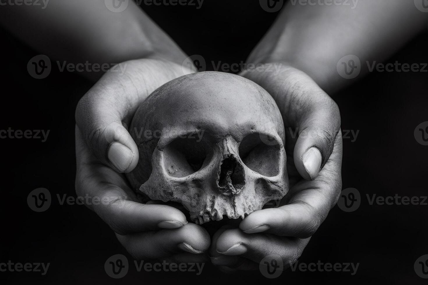 Two hands holding a skull in black and white representing death and mortality photo