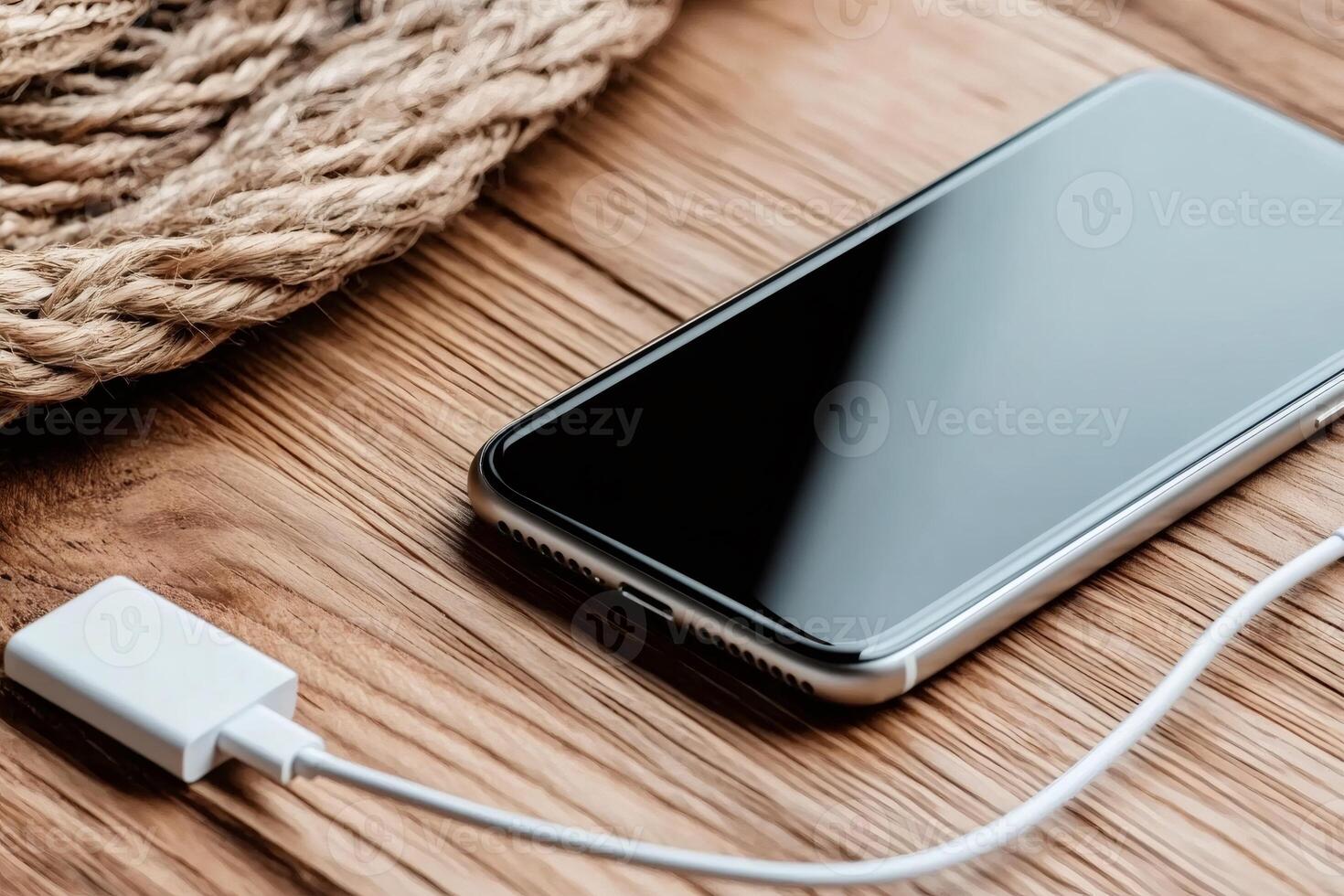Smartphone charging on wooden table with rope, modern technology meets rustic charm photo