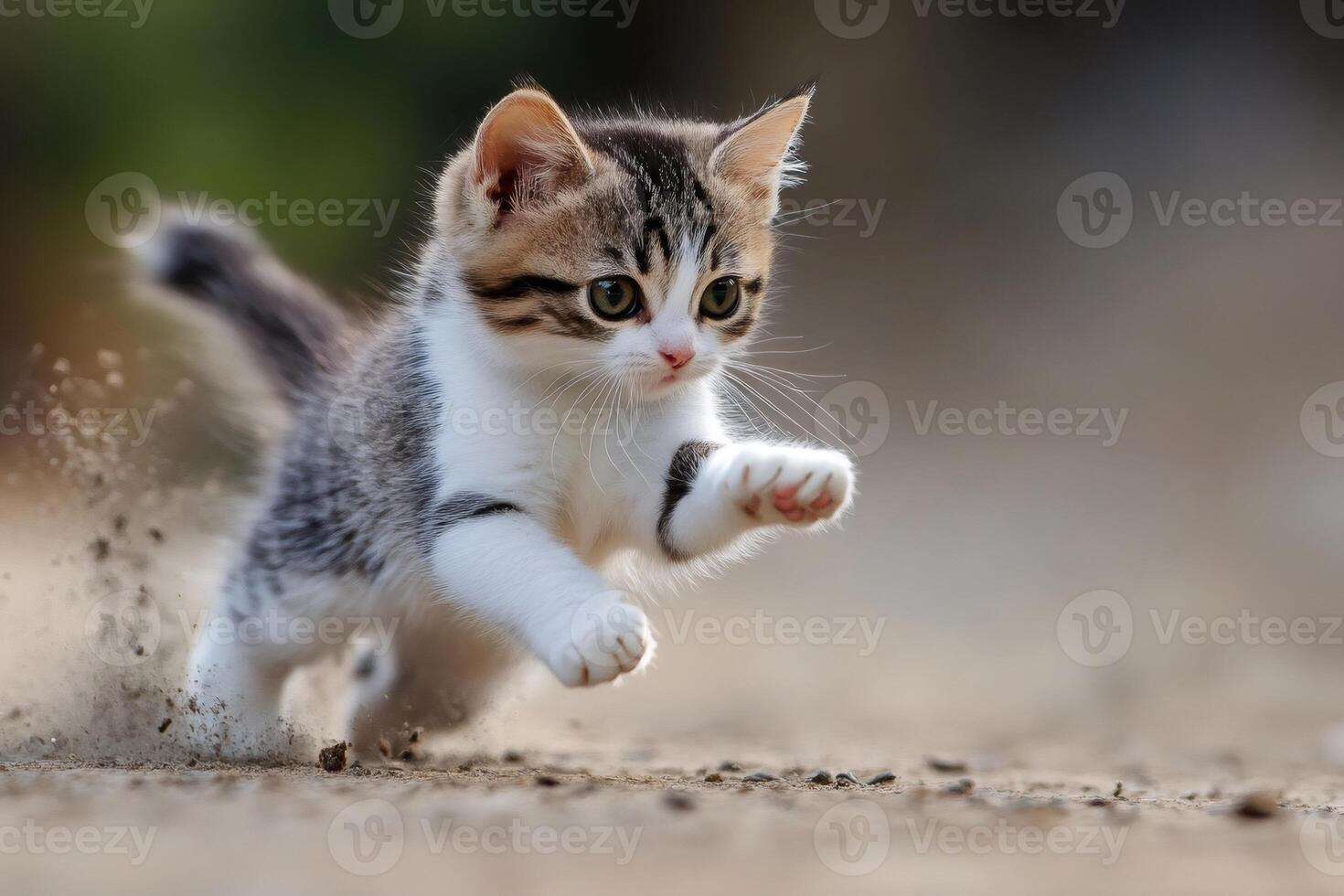 Playful kitten running and raising paw on dirt road photo