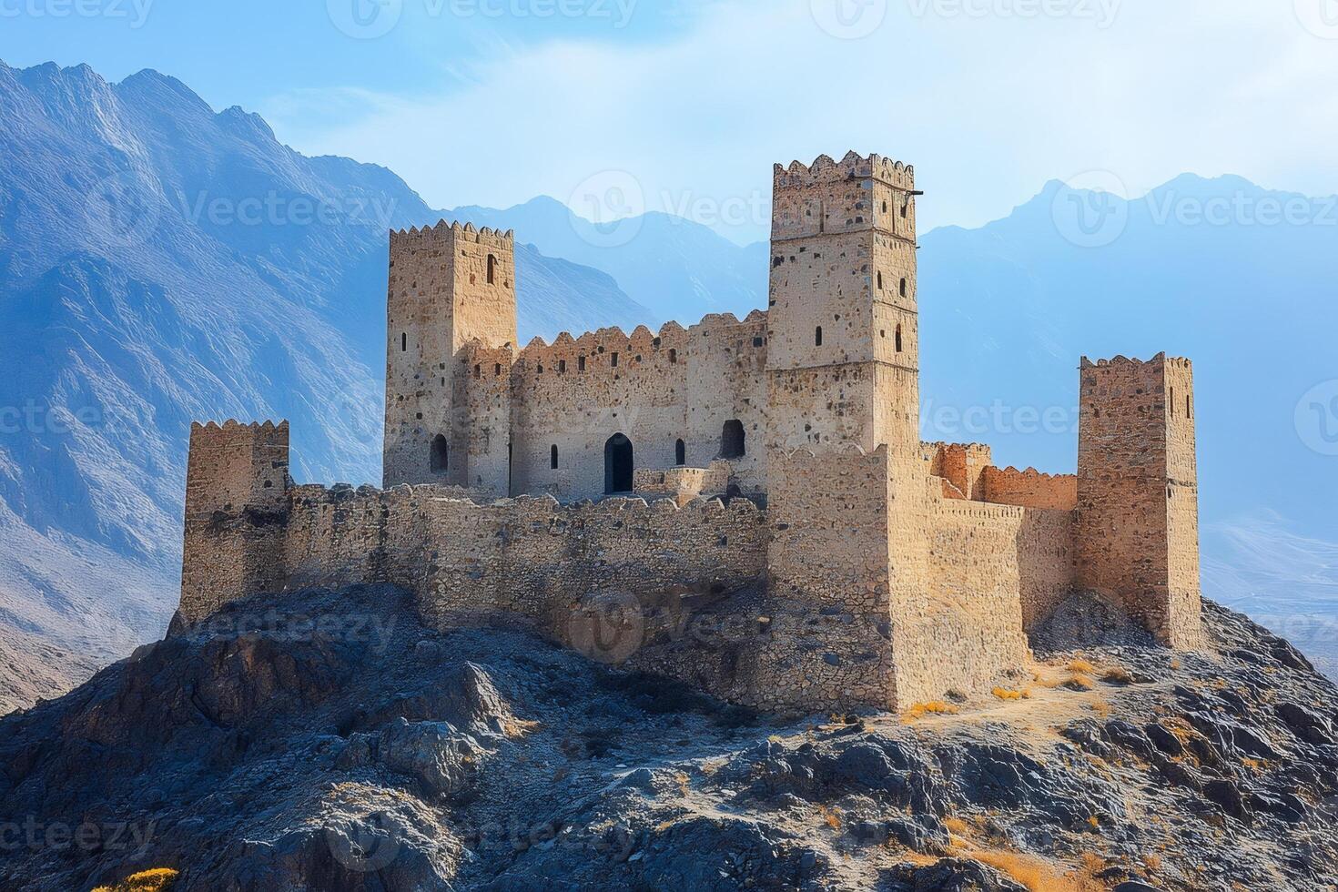 Nakhal fort standing tall on a rocky outcrop in the hajar mountains, oman photo