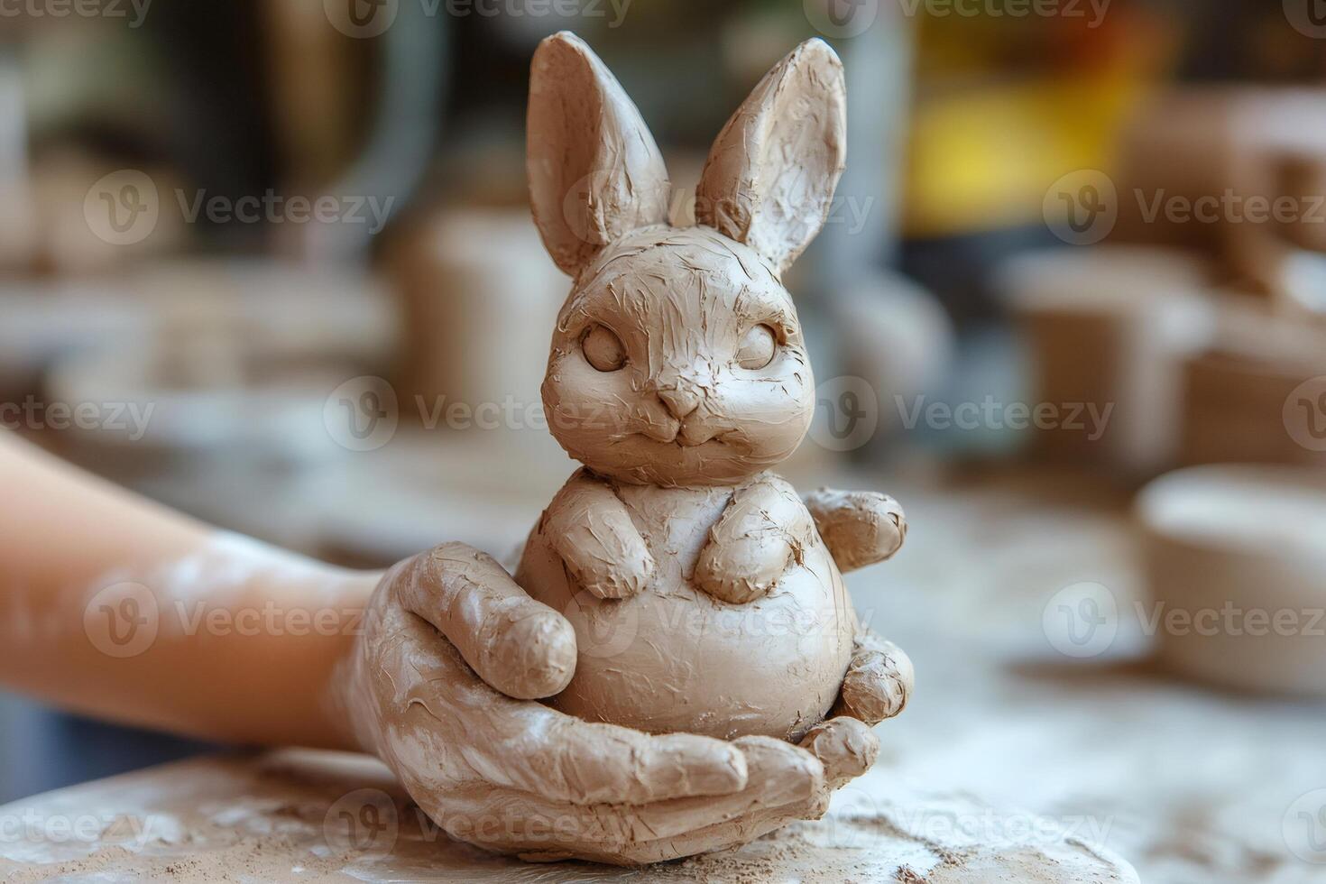Potter creating clay rabbit figurine in workshop photo