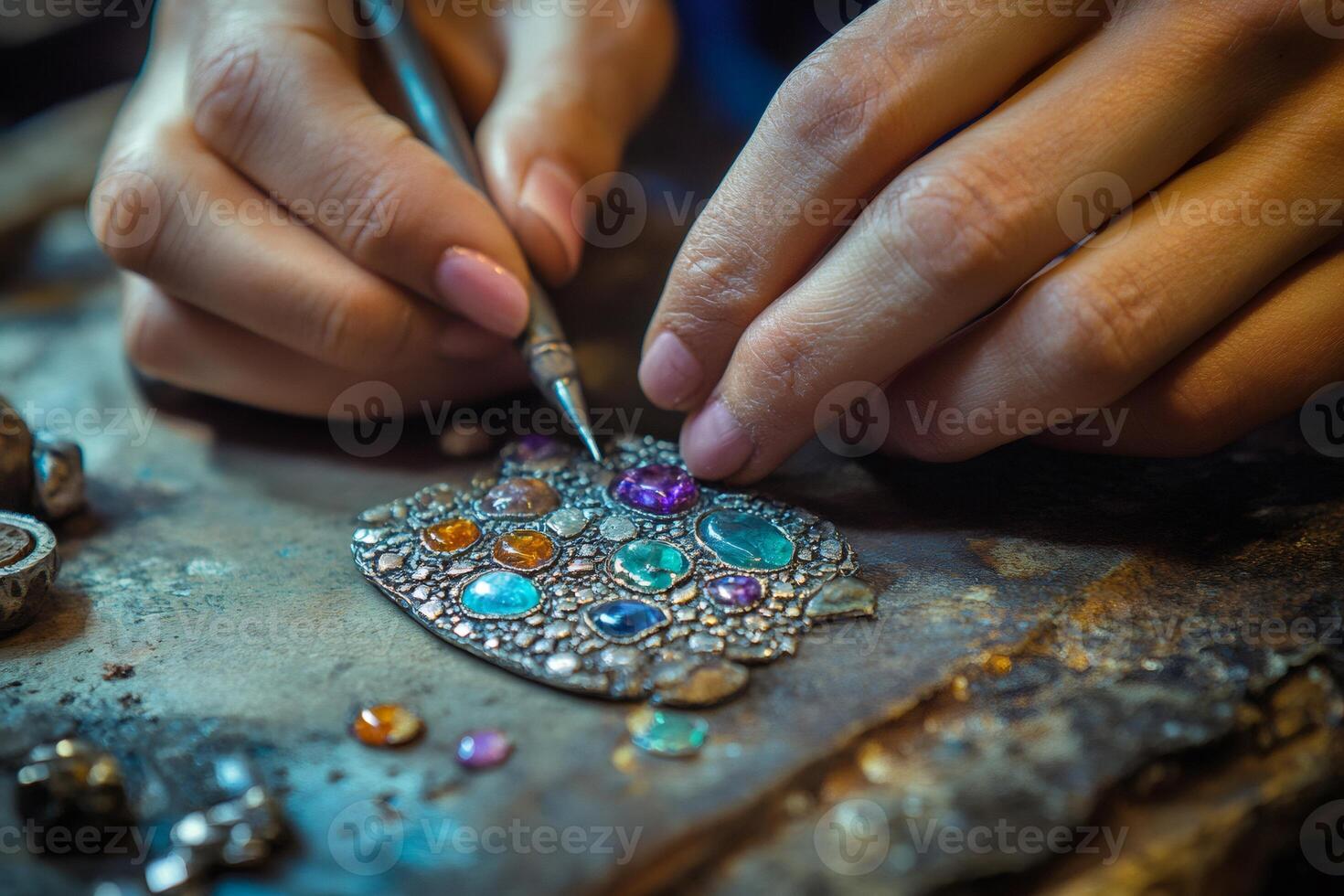 Jeweler setting colorful gemstones on a silver pendant photo