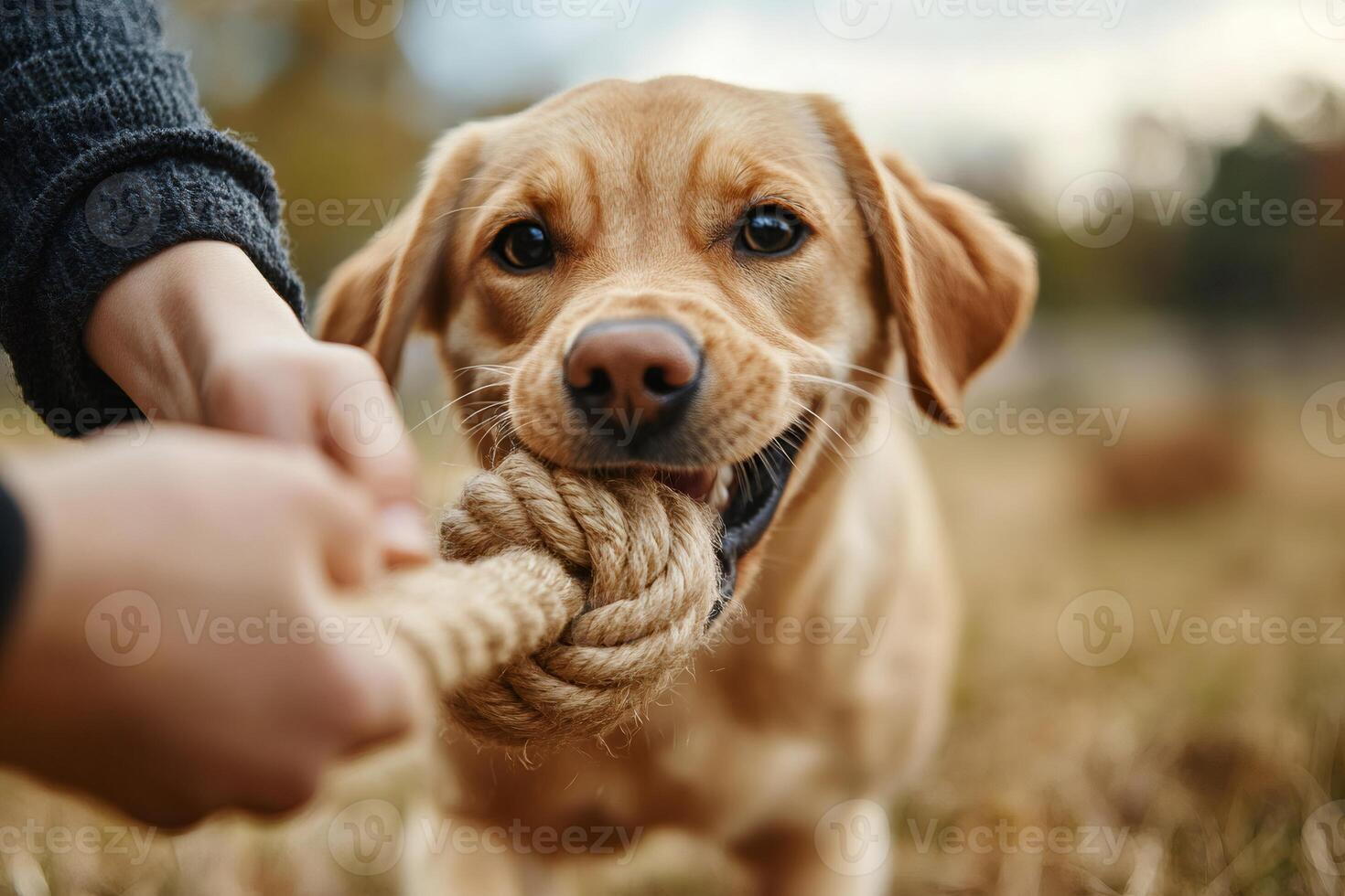 Labrador retriever puppy biting rope playing tug of war in park photo