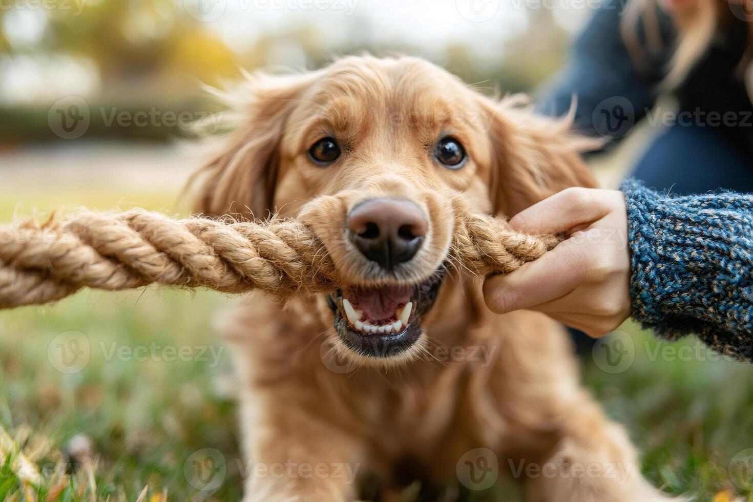 Golden retriever dog biting a rope playing with owner in a park photo