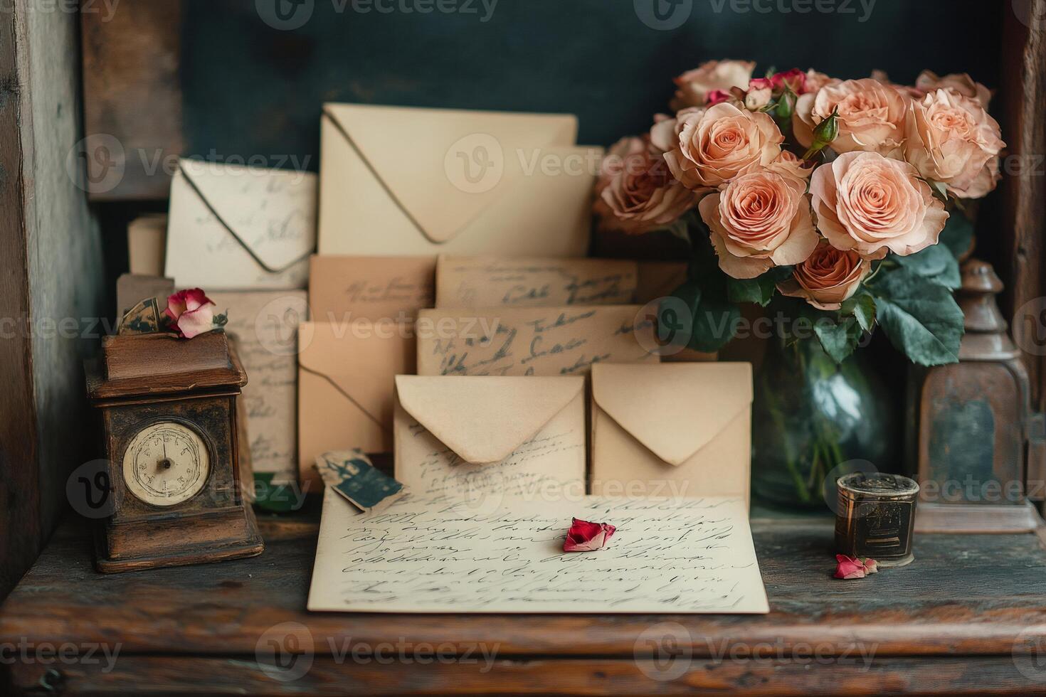 Old love letters, envelopes and roses with vintage clock on wooden shelf photo