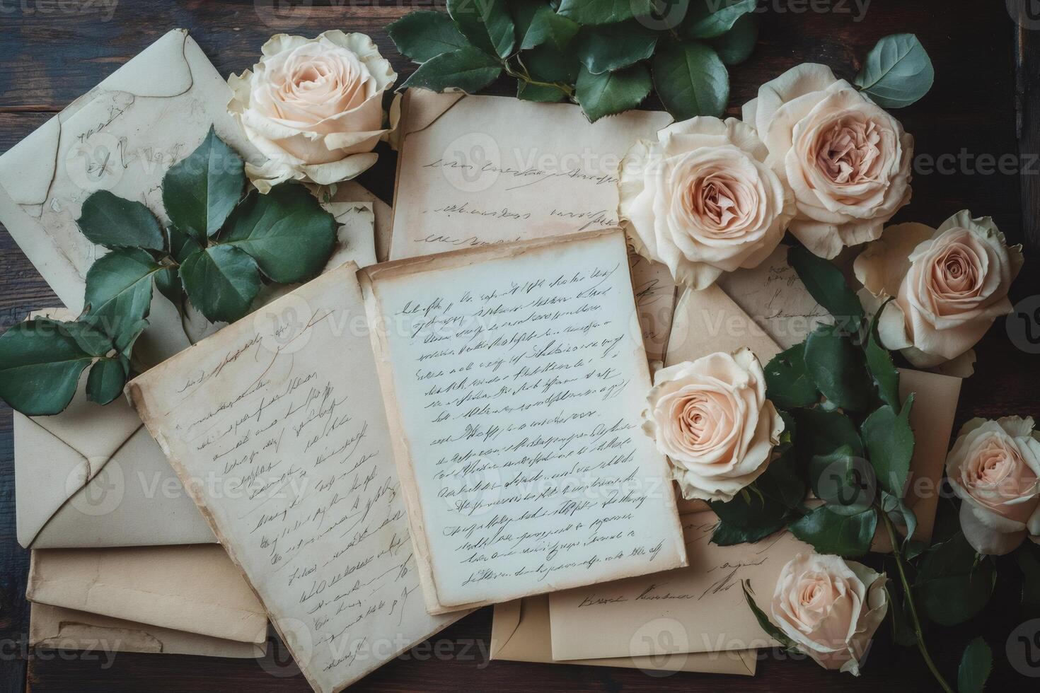Pink roses and old letters resting on wooden table photo