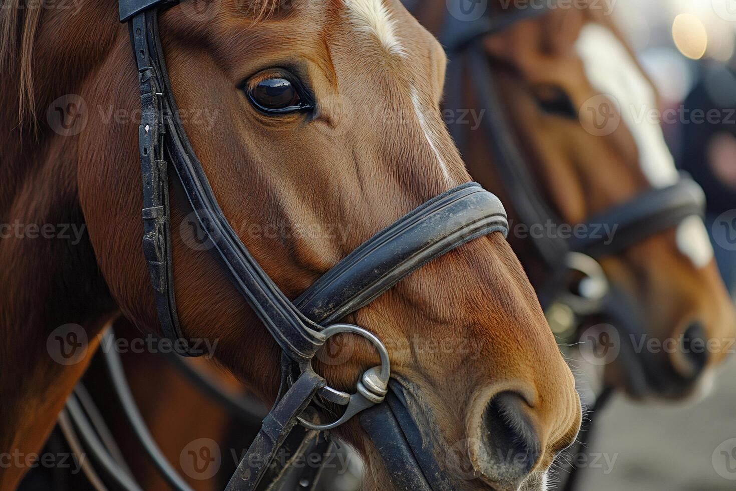 Chestnut horses wearing bridles standing together, close up view photo