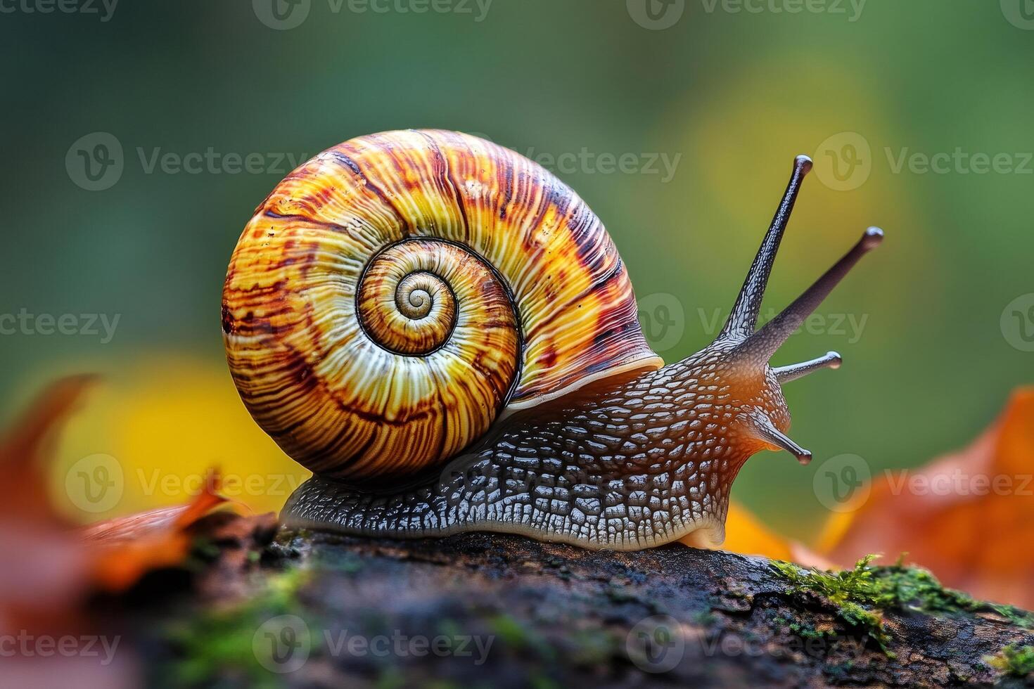 Vibrant snail crawling on mossy log in autumn photo