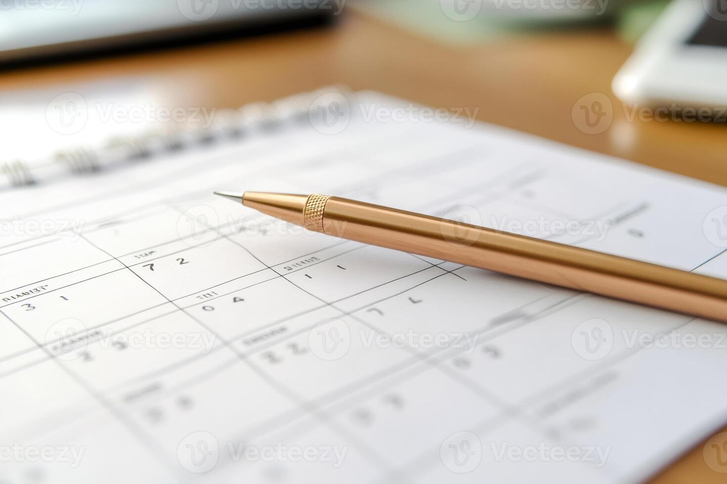 Golden pen lying on a calendar for planning and scheduling photo