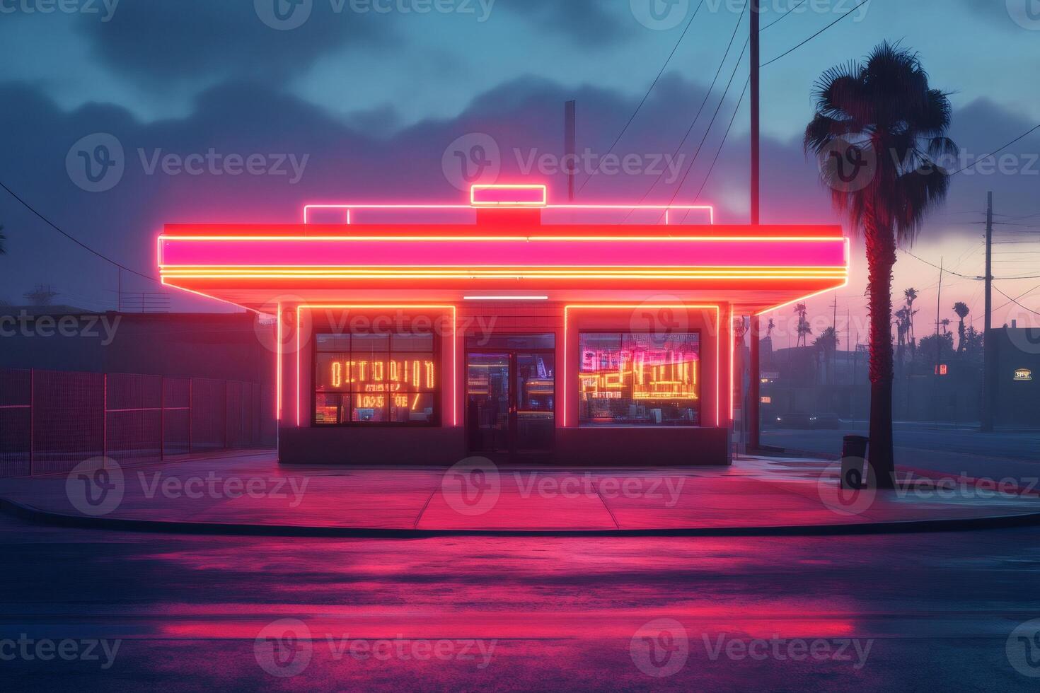 Neon diner shining brightly at dusk in california suburb photo