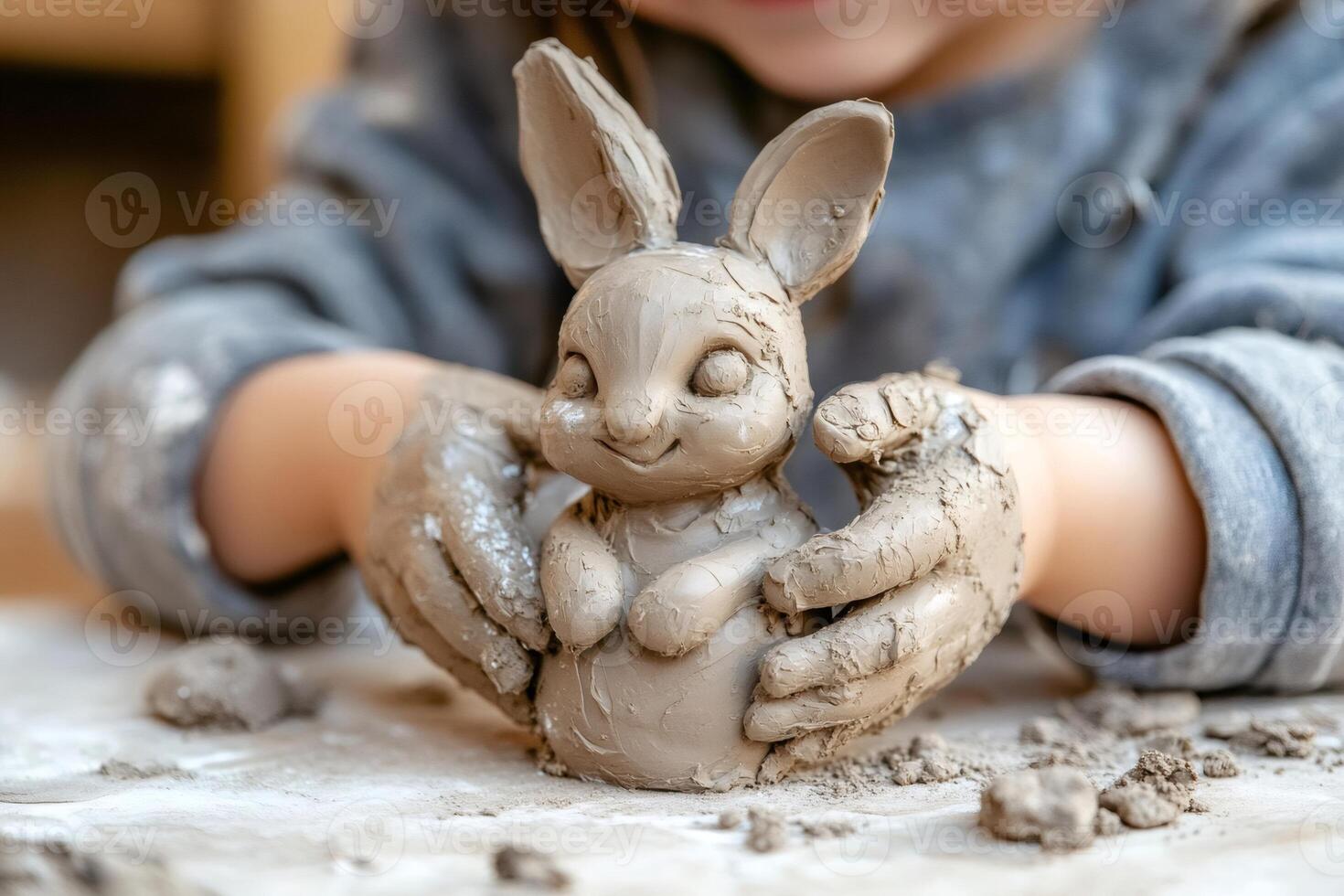 Child sculpting a clay rabbit figurine, developing fine motor skills photo