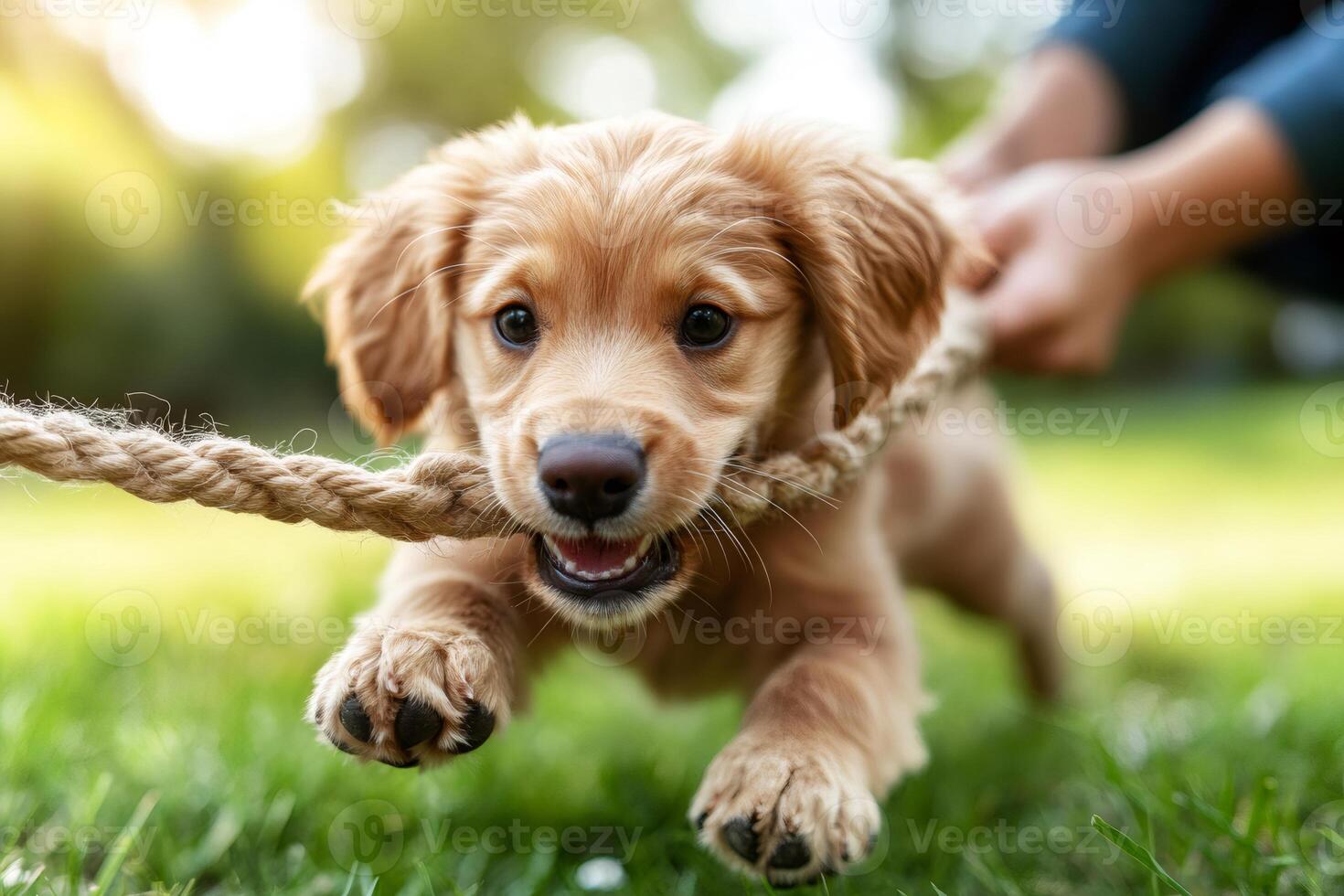 Golden retriever puppy biting a rope in a sunny garden photo
