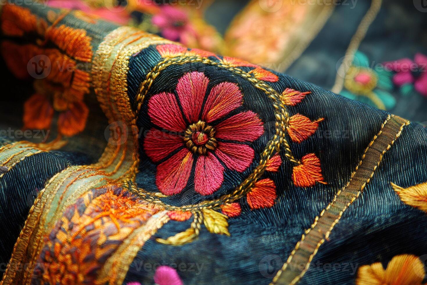 Embroidered flowers adorning luxurious deep blue fabric photo
