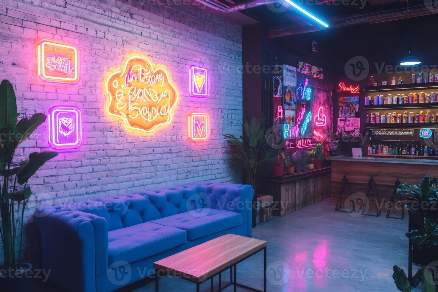 Trendy lounge bar interior design with neon lights and cozy seating photo