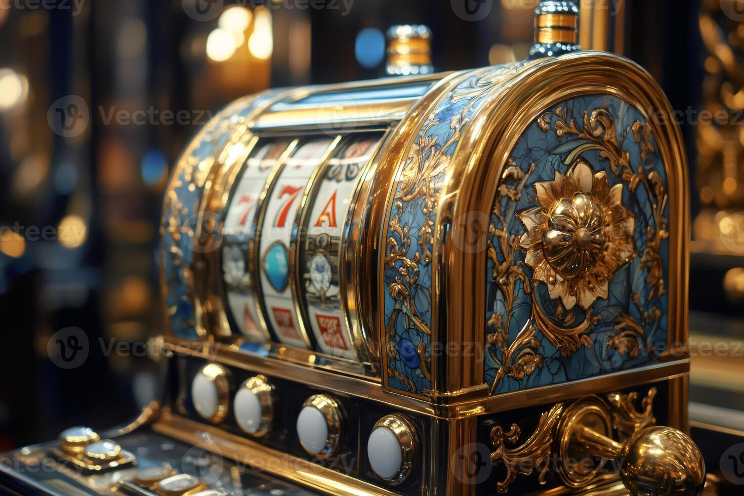 Vintage slot machine displaying winning numbers in luxurious casino setting photo