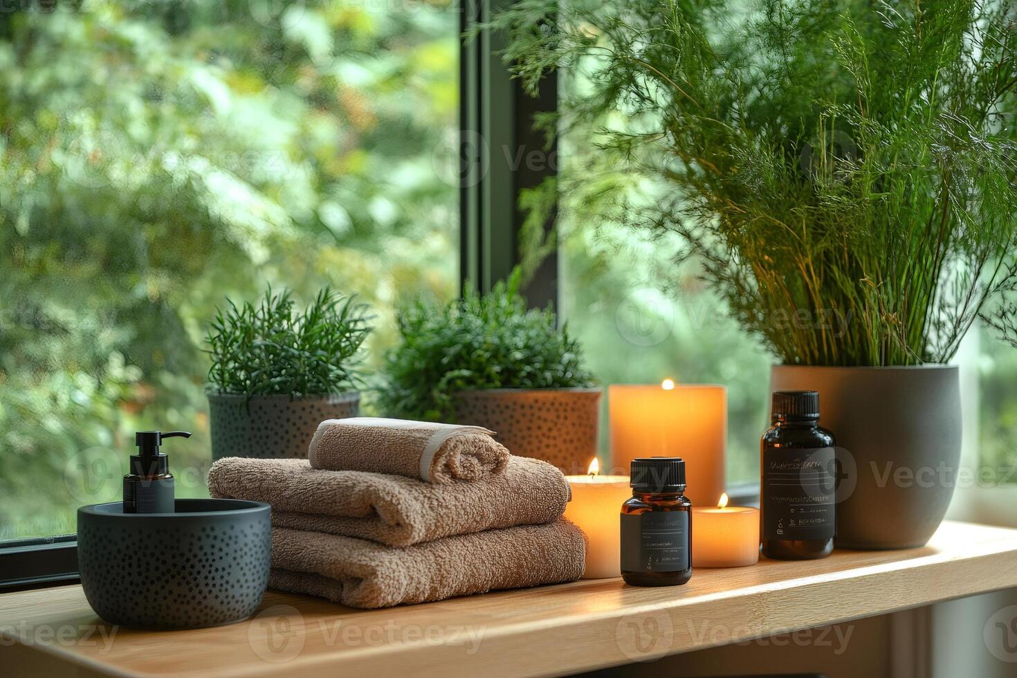 Creating relaxing atmosphere with burning candles and towels on wooden table photo