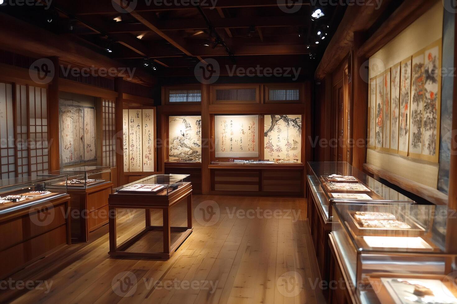 Japanese art gallery exhibiting traditional paintings and artifacts photo