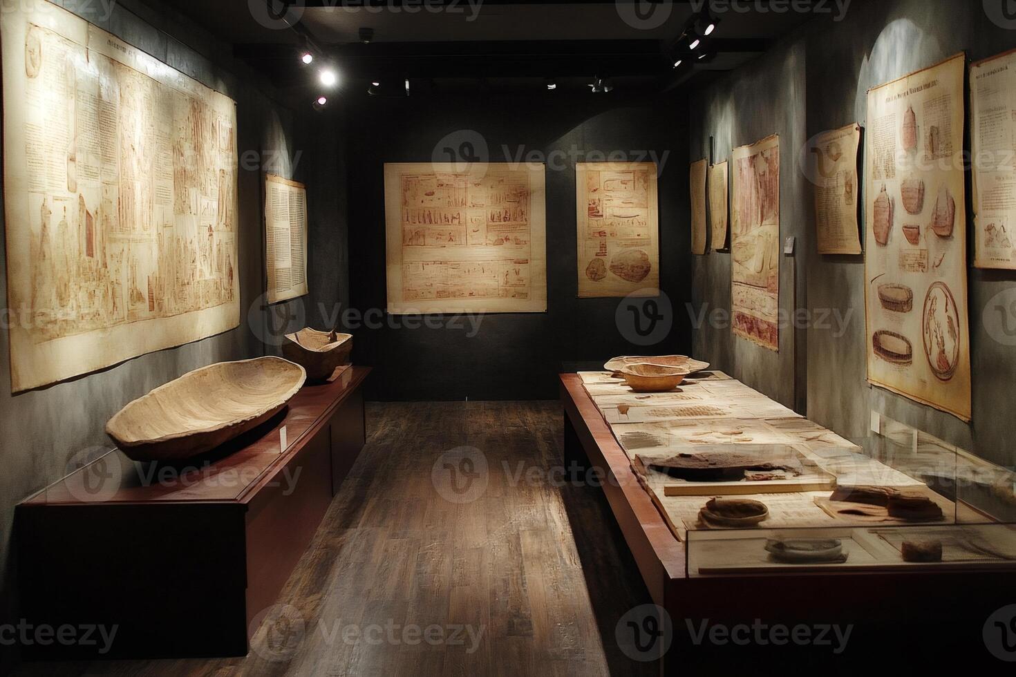 Museum exhibit showcasing ancient artifacts and historical documents photo