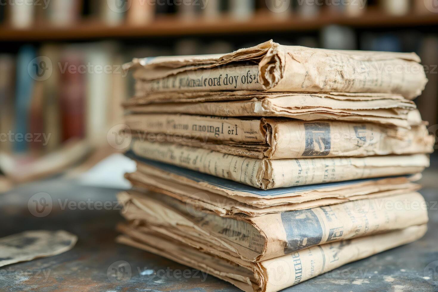 Stack of vintage newspapers on rustic table photo