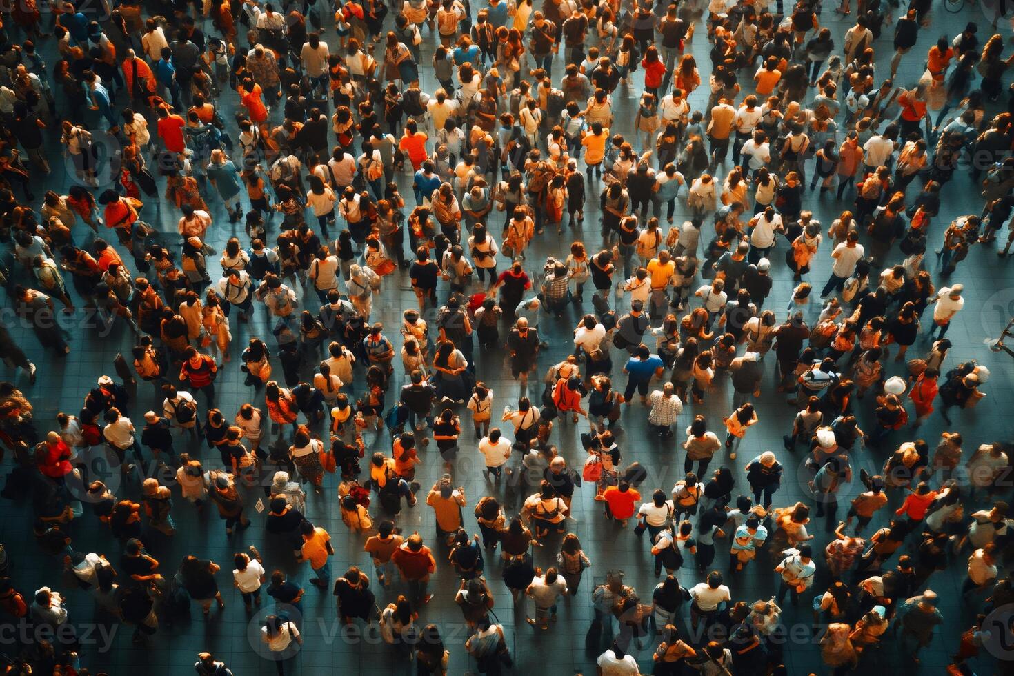 Large crowd of people walking in opposite directions, top view photo