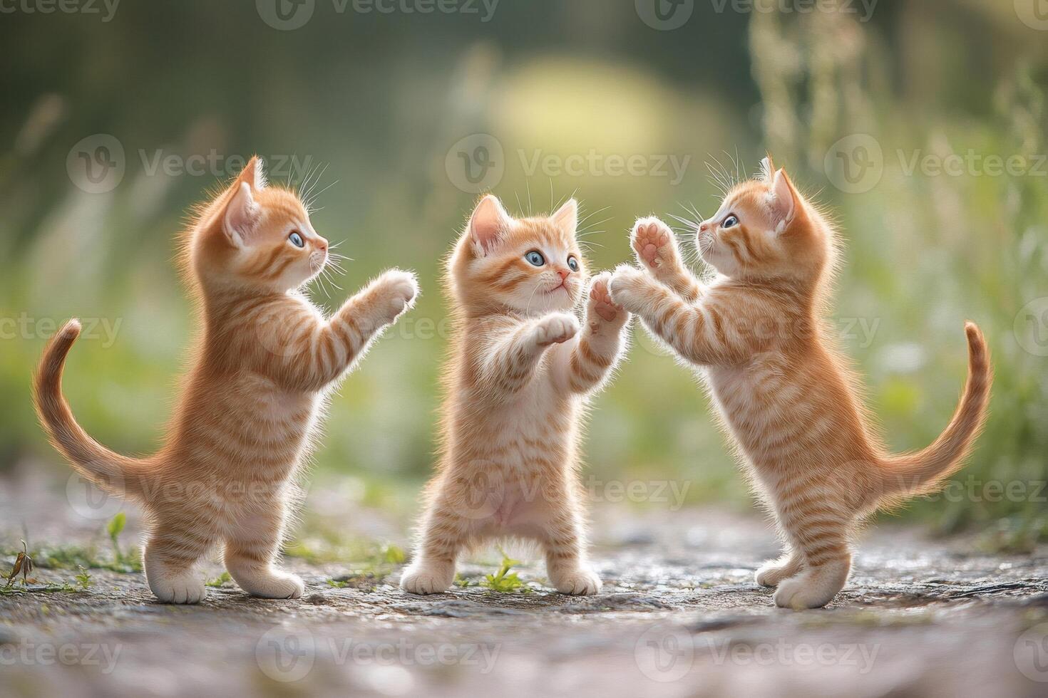 Three adorable ginger kittens playing together outdoors photo