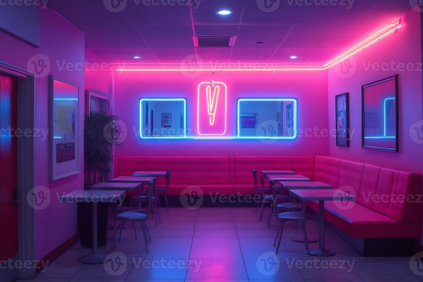 Empty retro diner with pink neon lights and booth seating photo