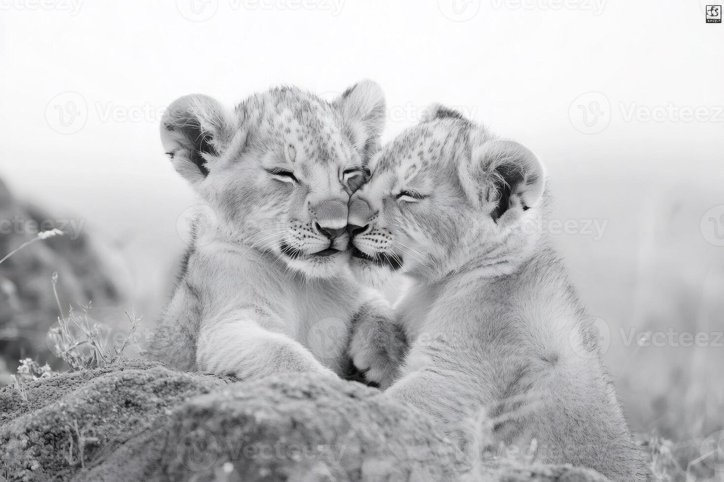 Two lion cubs showing affection in black and white photo