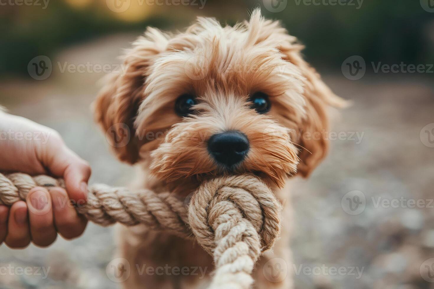 Cute puppy biting rope playing tug of war game photo