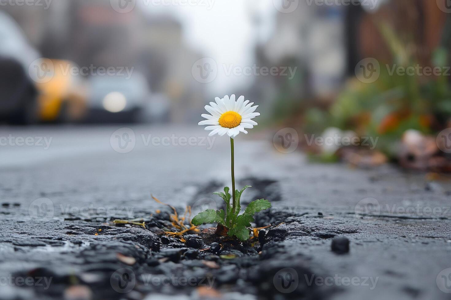 Lonely daisy flower growing on asphalt road in the city center photo