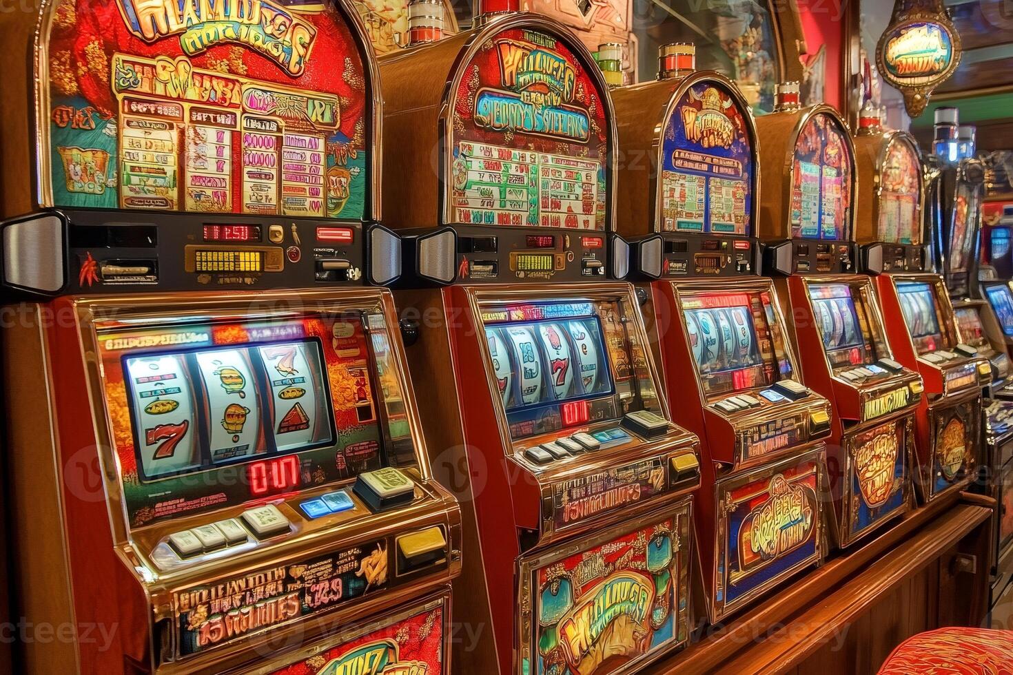 Slot machines displaying colorful reels and symbols in casino photo
