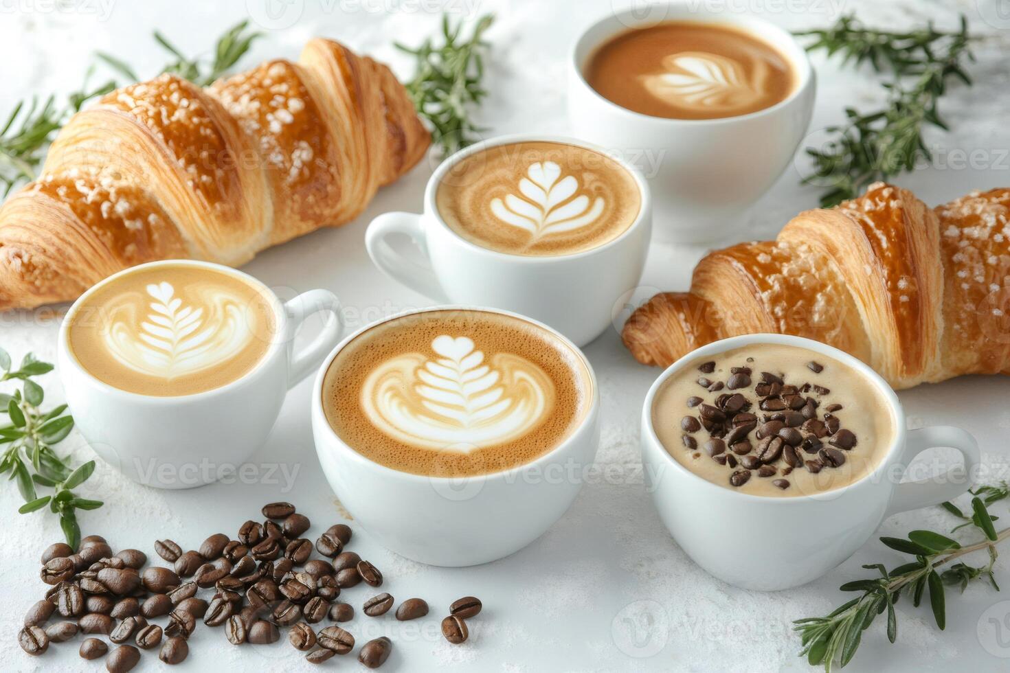 Delicious freshly baked croissants and various coffees creating perfect breakfast composition photo