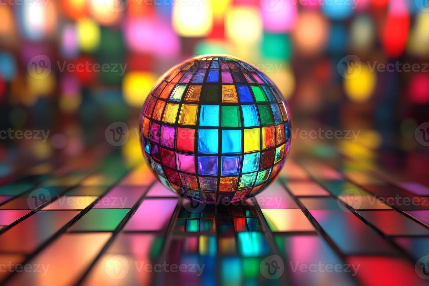 Vibrant mosaic sphere reflecting multicolored lights photo